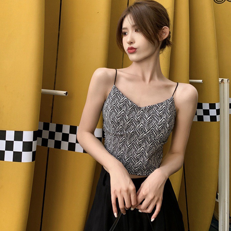 Áo Hai Dây Dệt Kim Cổ Chữ V Dáng Ôm Hoa Văn Kẻ Sọc Thời Trang Dành Cho Nữ