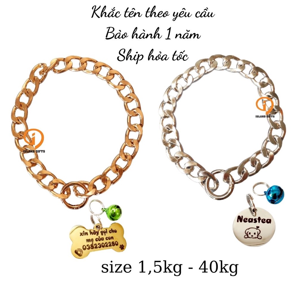 Vòng cổ chó mèo,thẻ tên thú cưng chất liệu không Gỉ, Khắc tên theo yêu cầu, size 1,5kg đến 40kg, Island Gifts.