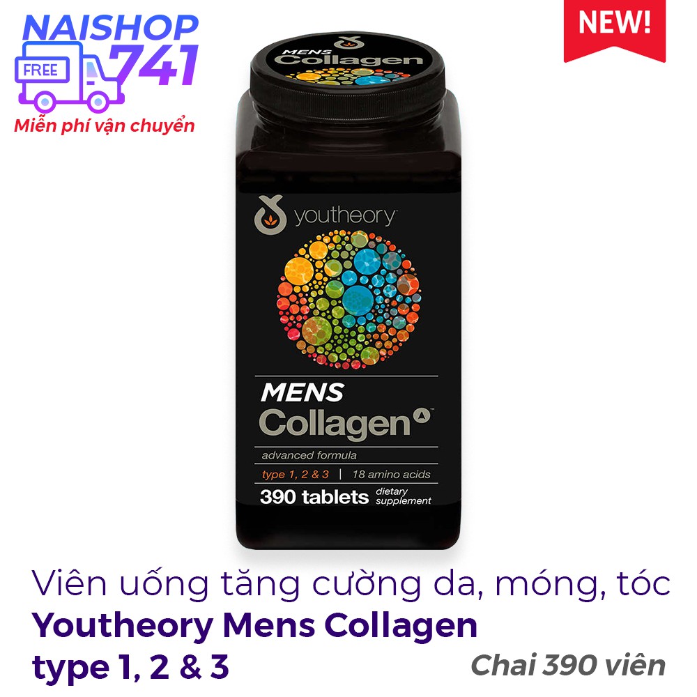 Youtheory Mens Collagen type 1, 2 & 3 viên uống tăng cường da, móng, tóc, Chai 390 viên