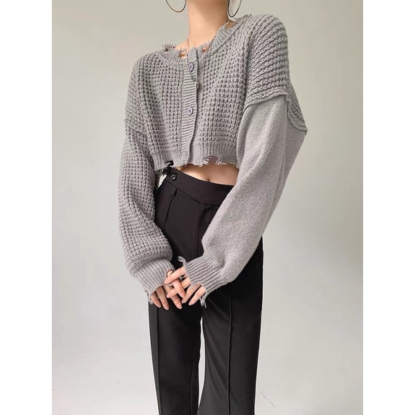 Áo Croptop Tay Phồng Thiết Kế Rách Thời Trang Mùa Thu Hàn Quốc Mới