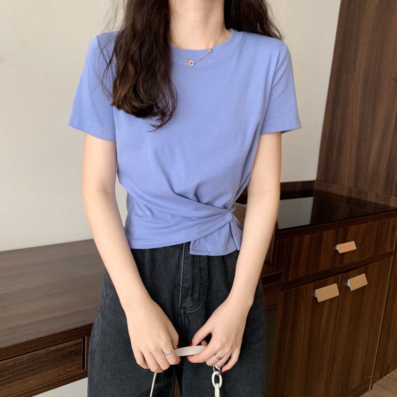 Áo Thun Tay Ngắn Màu Trơn Đơn Giản Cho Nữ 154741 Áo Thun Ngắn Cổ Tròn Thiết Kế Đơn Giản Thời Trang Mùa Hè