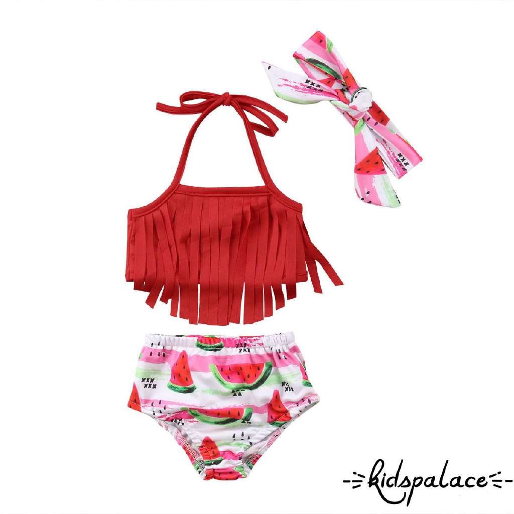 Set bikini hai mảnh phối tua rua họa tiết dưa hấu xinh xắn