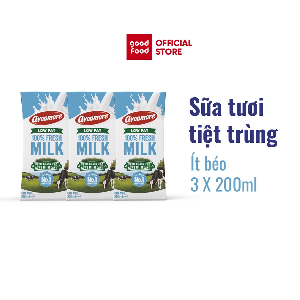 [Mã BMBAU50 giảm 7% đơn 99K] Lốc 3 hộp Sữa tươi ít béo tiệt trùng (không đường) Avonmore UHT Low Fat Milk 200ml