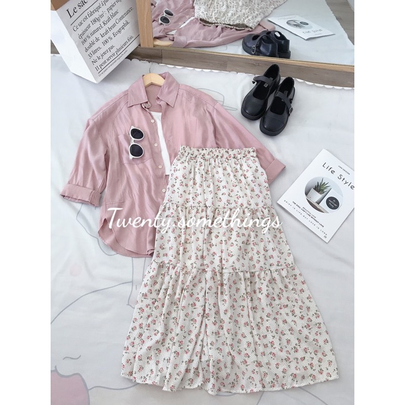 CHÂN VÁY MIDI HOA+SƠ MI+ÁO 2 DÂY MÙA HÈ (ảnh thật/sẵn/video) | BigBuy360 - bigbuy360.vn