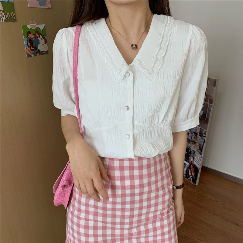 Áo sơ mi Ulzzang/ áo cộc tay trắng tiểu thư hàn quốc | BigBuy360 - bigbuy360.vn