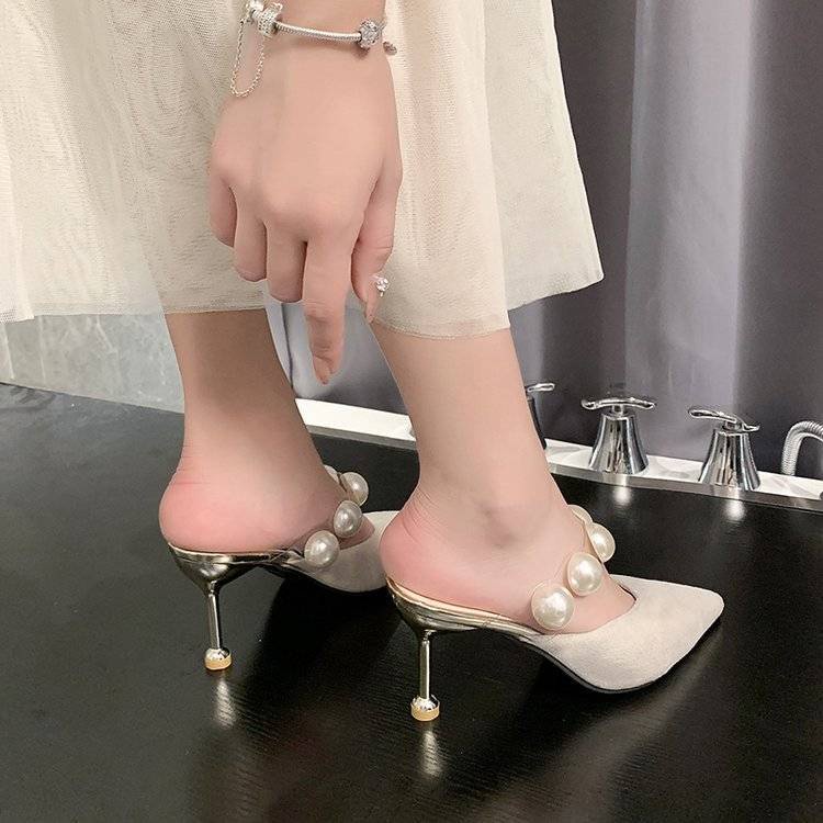 Giày cao gót mũi nhọn đính ngọc trai giả thời trang cho nữ cao 8cm