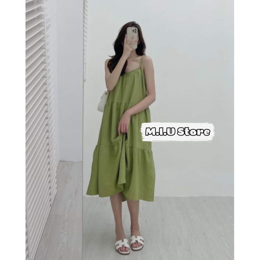 Váy đầm hai dây maxi xòe tầng đi biển dáng babydoll rộng chất đũi mềm mát