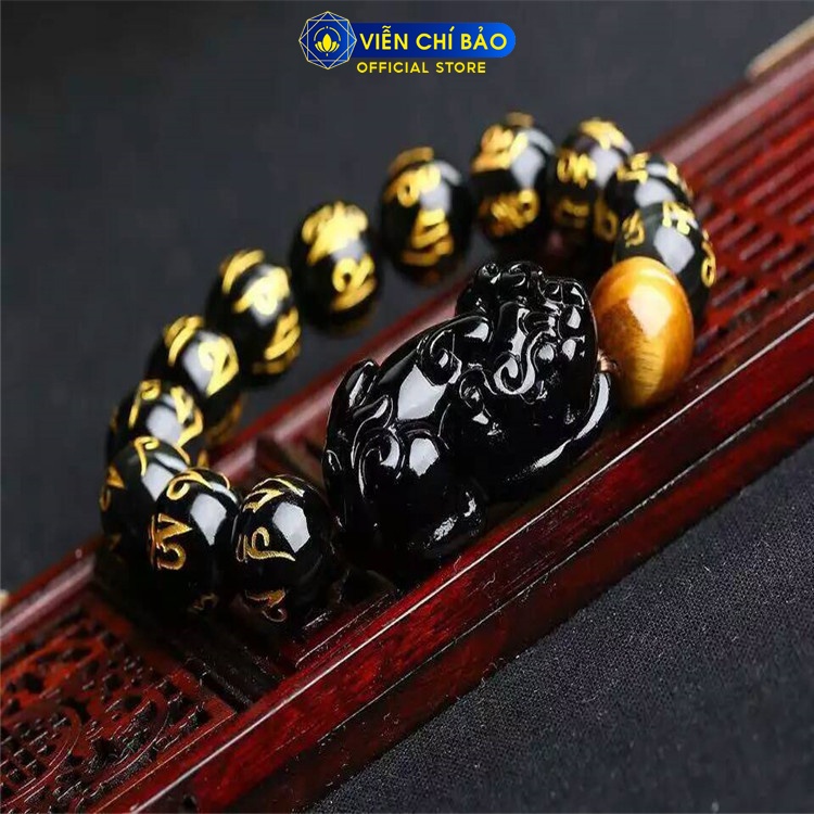 Vòng tay đá phong thủy Tỳ Hưu đen khắc Kinh Phật chữ vàng thời trang phụ kiện trang sức Viễn Chí Bảo V000461