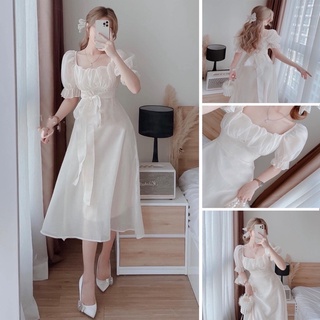 Đầm trắng tiểu thư dự tiệc nhún ngực cổ vuông