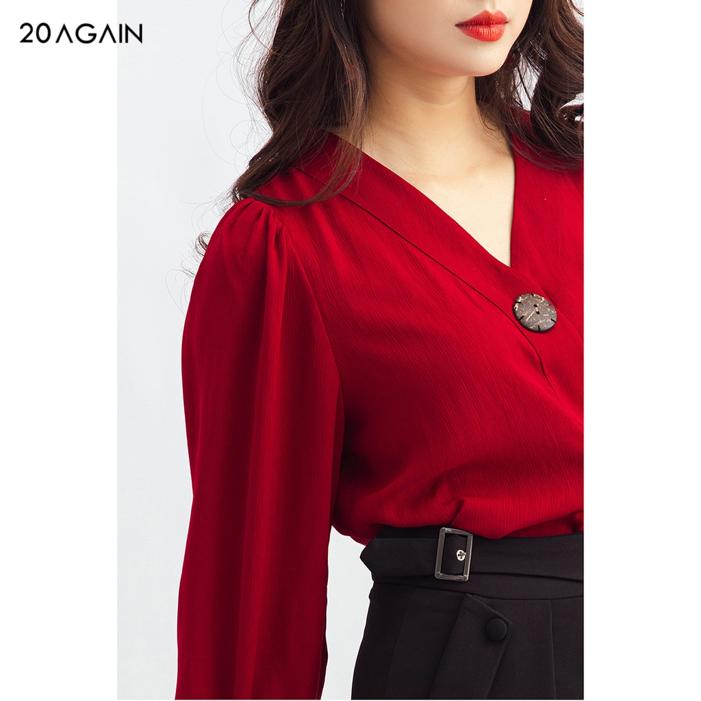 Áo sơ mi nữ công sở 20AGAIN màu đỏ, đủ size, dài tay trang trí khuy to ASA1007