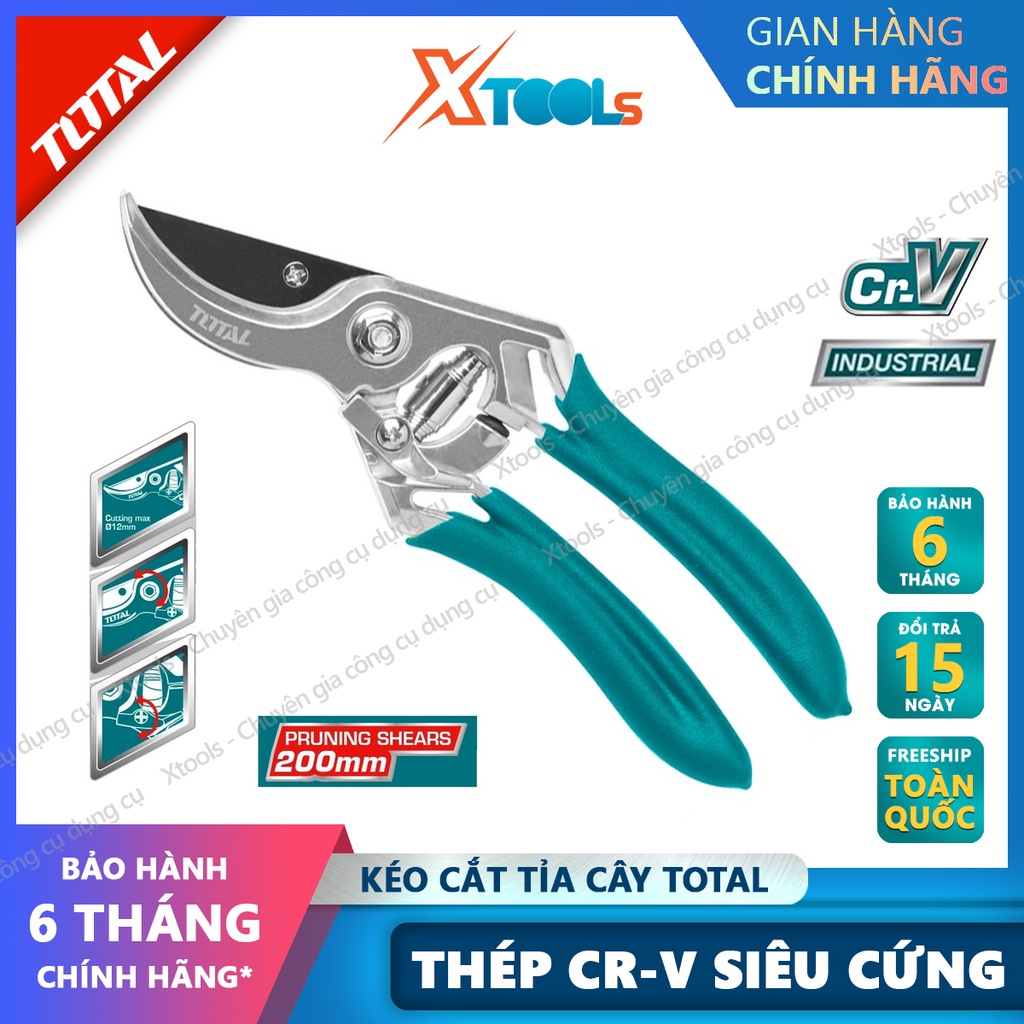 Kéo cắt tỉa cây TOTAL THT0109 8&quot; kéo cắt cành, tỉa cây cảnh, cây ăn trái, tỉa lá chuyên dụng, làm vườn có trợ lực lò xo