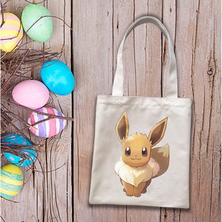 Túi Tote Unisex vải bố dày có dây kéo hình Eevee Pokémon dễ thương