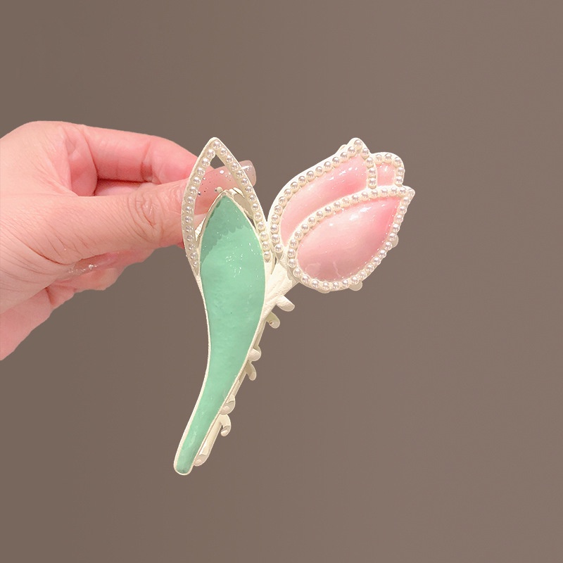 Kẹp tóc nữ CHLINS bằng kim loại hình hoa tulip đính ngọc trai thời trang Hàn Quốc