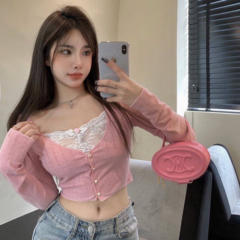 Áo Thun Tay Dài Phối Ren Hoa Thiết Kế Ngọt Ngào Thời Trang Mùa Thu