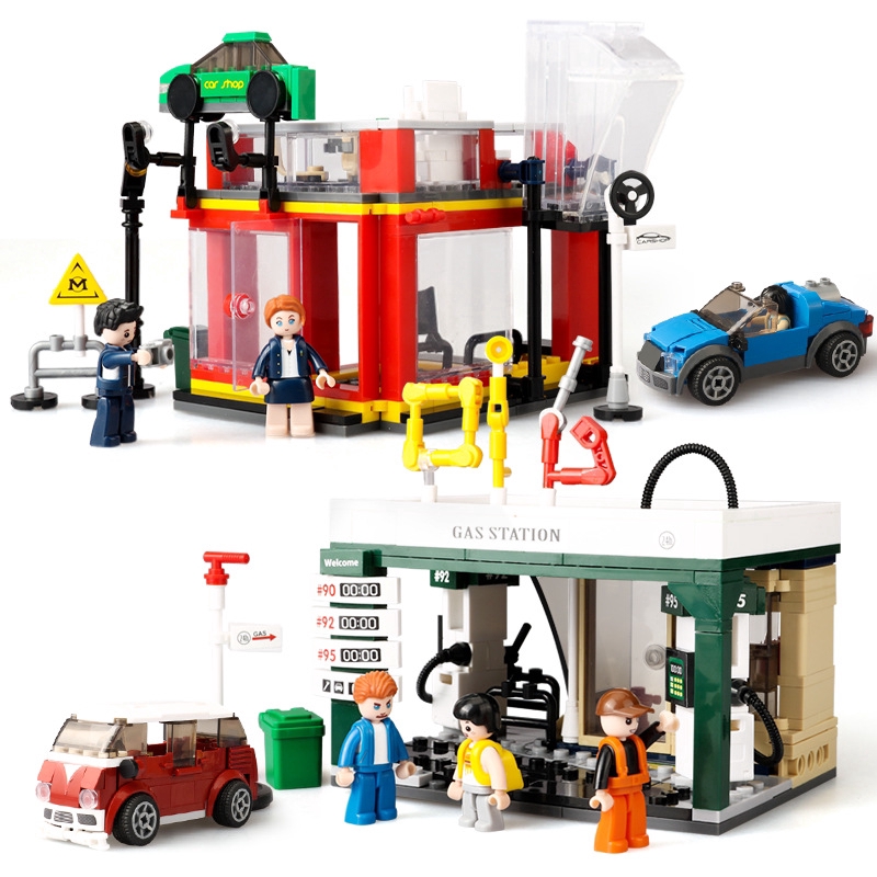 1287PCS 4 IN 1 SLUBAN B0759 Racing Car F1 Formula One Gas Station Car Repair Lego Compatible