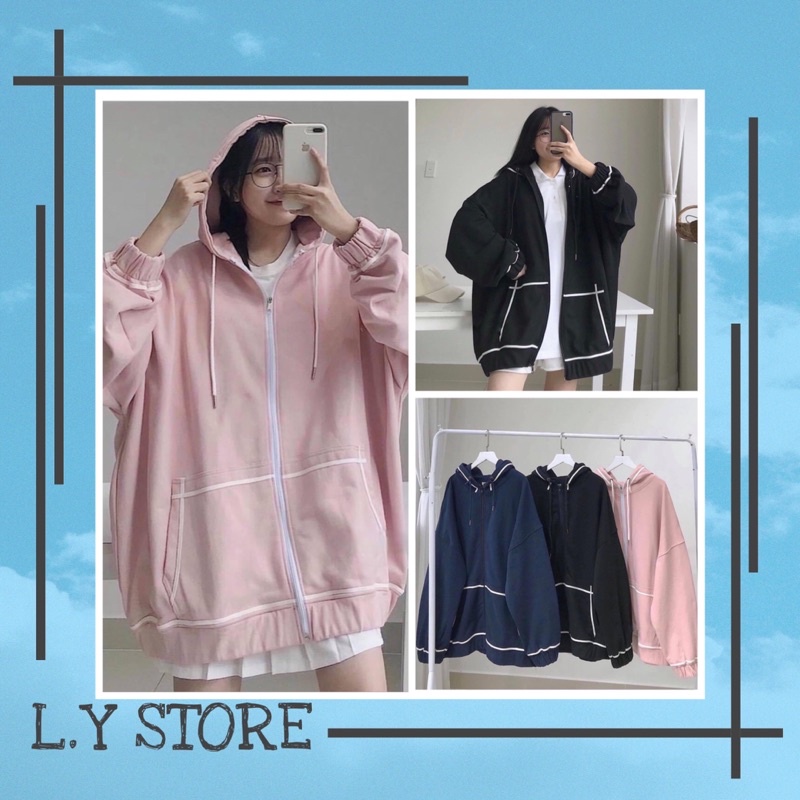 Áo Khoác Hoodie Viền Tay Bồng L.Y Store Nữ [FREESHIP] 🌸 Jacket form rộng có mũ màu ĐEN | HỒNG | XANH TÍM THAN Ulzzang 🌸