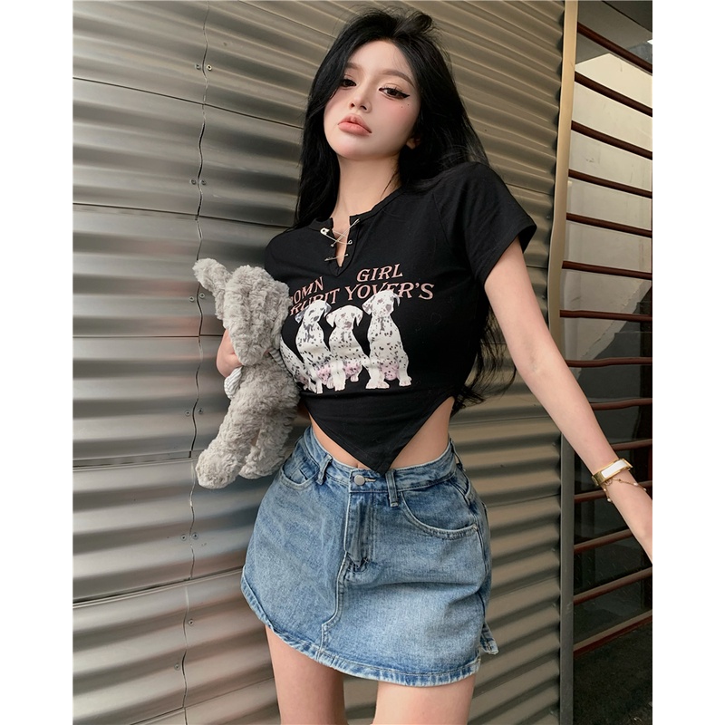 Cocory vn Áo Thun Croptop Tay Ngắn Cổ Chữ V In Họa Tiết Hoạt Hình Thời Trang Quyến Rũ Cho Nữ