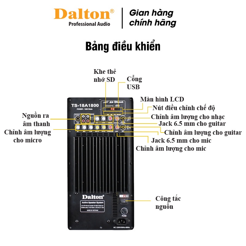 Loa kéo điện karaoke Dalton TS-18A1800 công suất 1200W, bass loa 18 inch, tặng kèm 2 micro không dây UHF cao cấp.