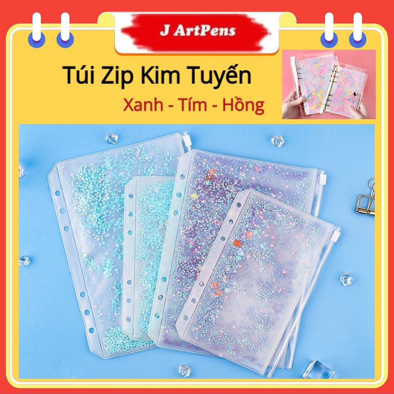 Túi Zip Mermaid Kim Tuyến Lấp Lánh Phụ Kiện Sổ Còng Planner A6 6 Lỗ, A5 6 Lỗ