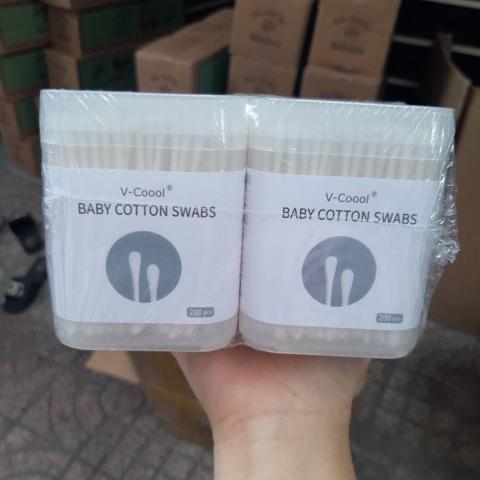 Tăm bông trẻ em, Tăm bông ngoáy tai cho sơ sinh, trẻ em cao câp VCOOL hộp 200 que- Shop Mẹ Khoai