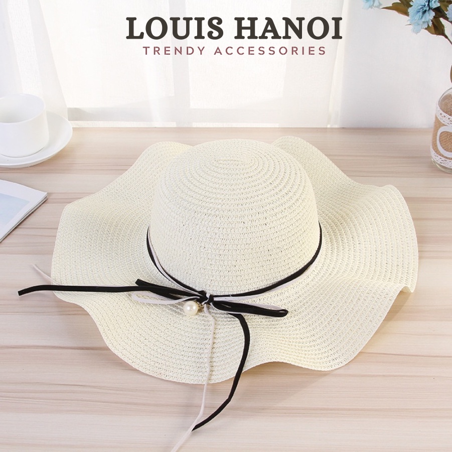 Mũ Nón Cói Vành Sóng Nơ Dây Phối Hạt Ngọc Louis Hanoi - Kèm Hộp Giữ Form dáng chuẩn 100%