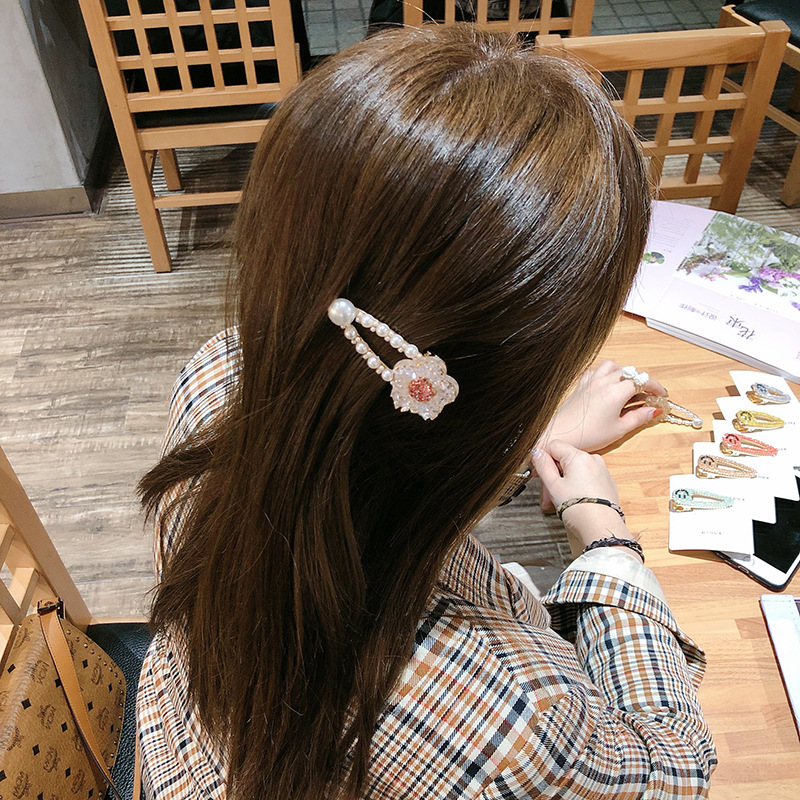 kẹp tóc đẹp Korea Imitation Pearls Crystal Flower Hairpin Fashion kẹp tóc Wild Side Clip Bangs Clip