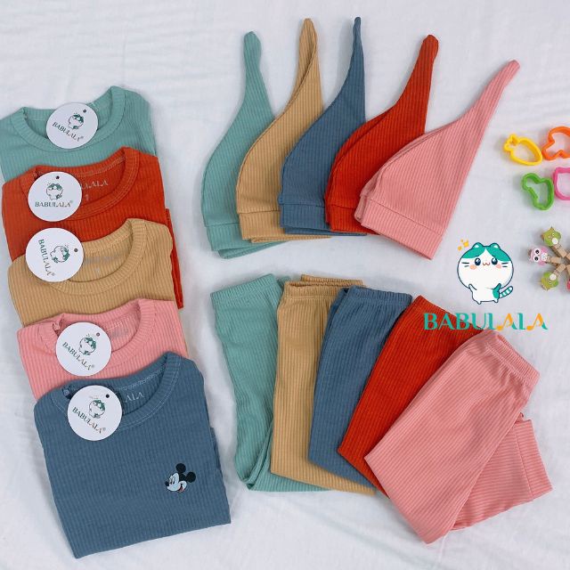 Đồ Bộ Dài Tay Thun Gân Tăm  BABULALA Cho Bé Gái,Trai Kèm Mũ Củ Tỏi-Set Bộ Len Tăm Giữ Nhiệt 0 1 2 3 4 5 Tuổi LT02