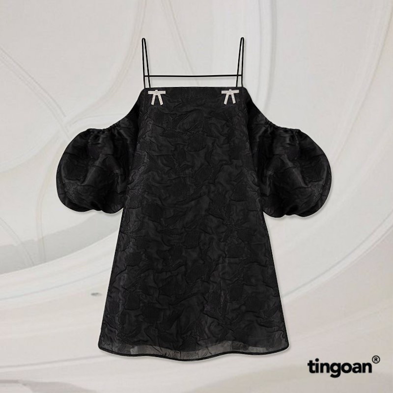 TINGOAN® - Váy hai dây tay bồng vân hoa 3 lớp bồng xòe đính nơ kim loại đen SLEEPING BEAUTY DRESS/BL