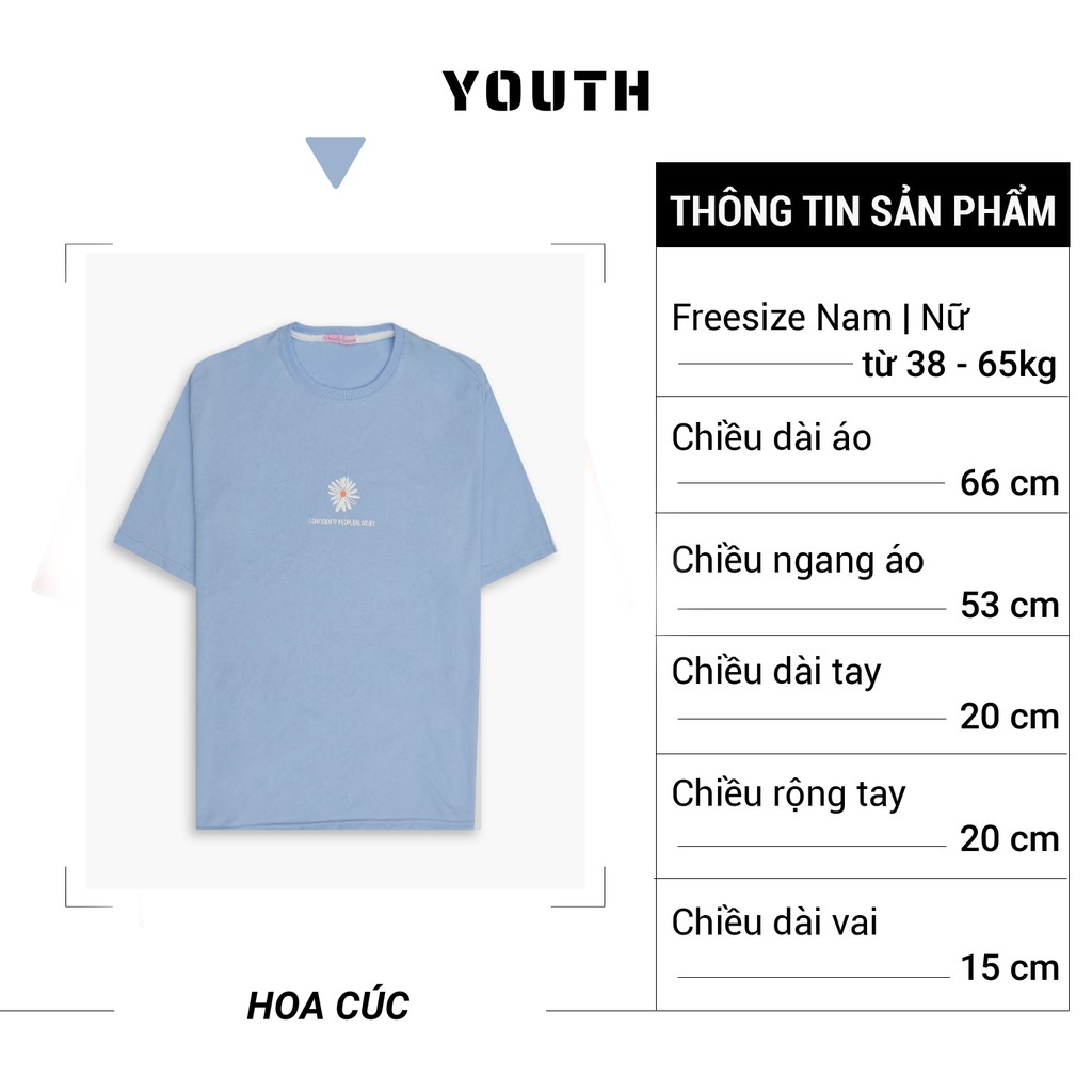 Áo thun nam nữ unisex YOUTH form rộng cổ tròn tay lỡ vải Cotton xịn FreeSize(38-65Kg) - 5 Hoa Cúc - AP27