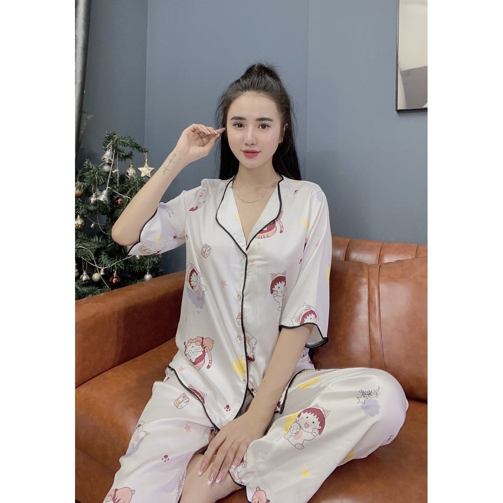 BỘ PIJAMA SATIN QUẦN DÀI CỔ  SƠ MI LẶT, VIỀN ĐEN MÁT CHỐNG NHĂN