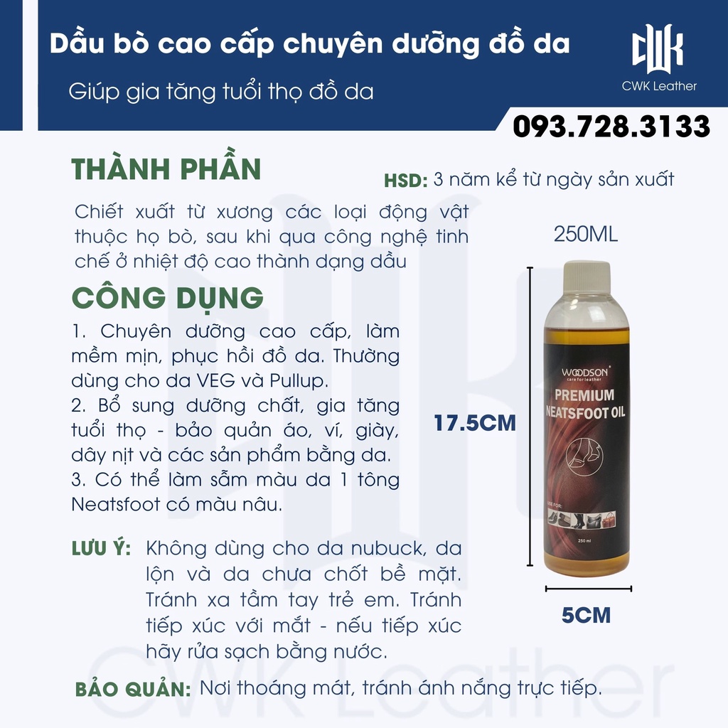 Neatsfoot oil dầu bò cao cấp Woodson chuyên dưỡng đồ da: túi xách, áo, ví, giày, sofa, ghế da.