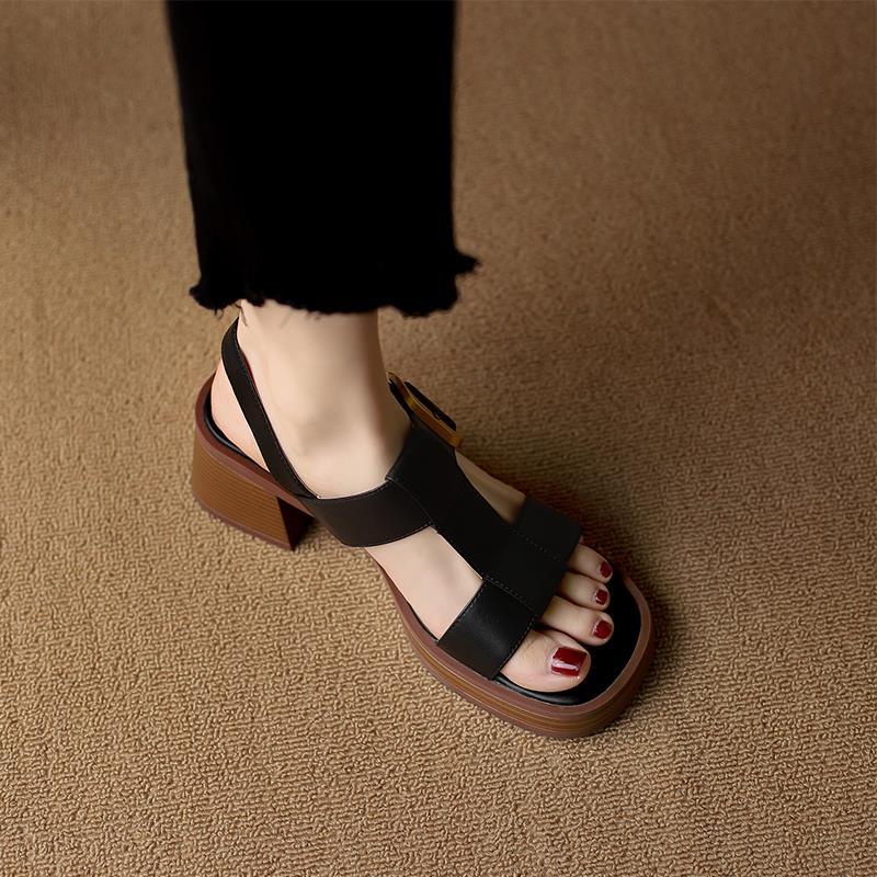 Sandal Đế Dày Da Bò Hình Chữ T Phong Cách Retro Mới