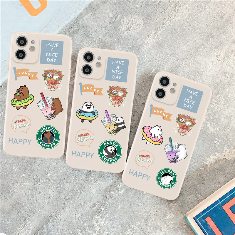 Cartoon Bear Straight Cube Casing for IPhone 11 11Pro 11ProMax 7 8 SE 2020 7Plus 8Plus X XS XR XSmax 12 12Pro 12Promax Full Cover Lens  Matte Soft Cover