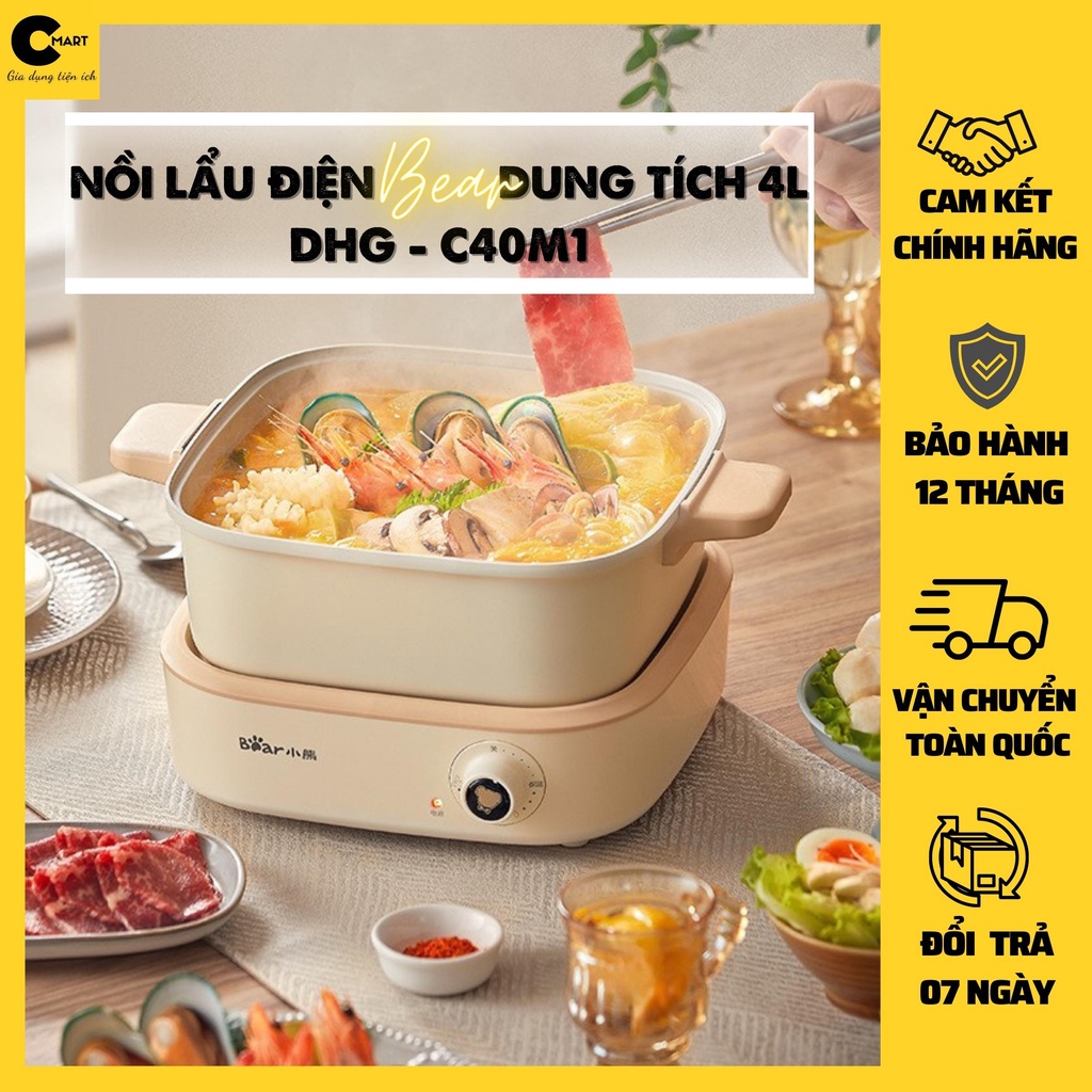 Nồi Lẩu Nướng Tráng Men Chống Dính Công Suất 1500W BEAR DHG-C40M1