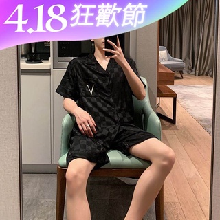 Bộ đồ ngủ ngắn tay bằng lụa dáng rộng phong cách mùa xuân hè và thu cho nam với kích cỡ lớn