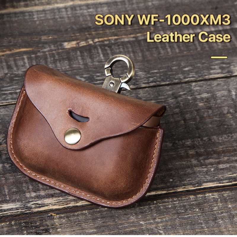Vỏ bảo vệ hộp sạc tai nghe Sony Wf-1000Xm3 bằng da thật kiểu Vintage cao cấp kèm móc khóa