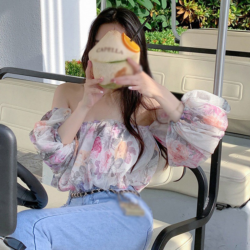 Áo chiffon tay dài trễ vai họa tiết hoa phong cách Hàn Quốc thời trang xinh xắn cho nữ