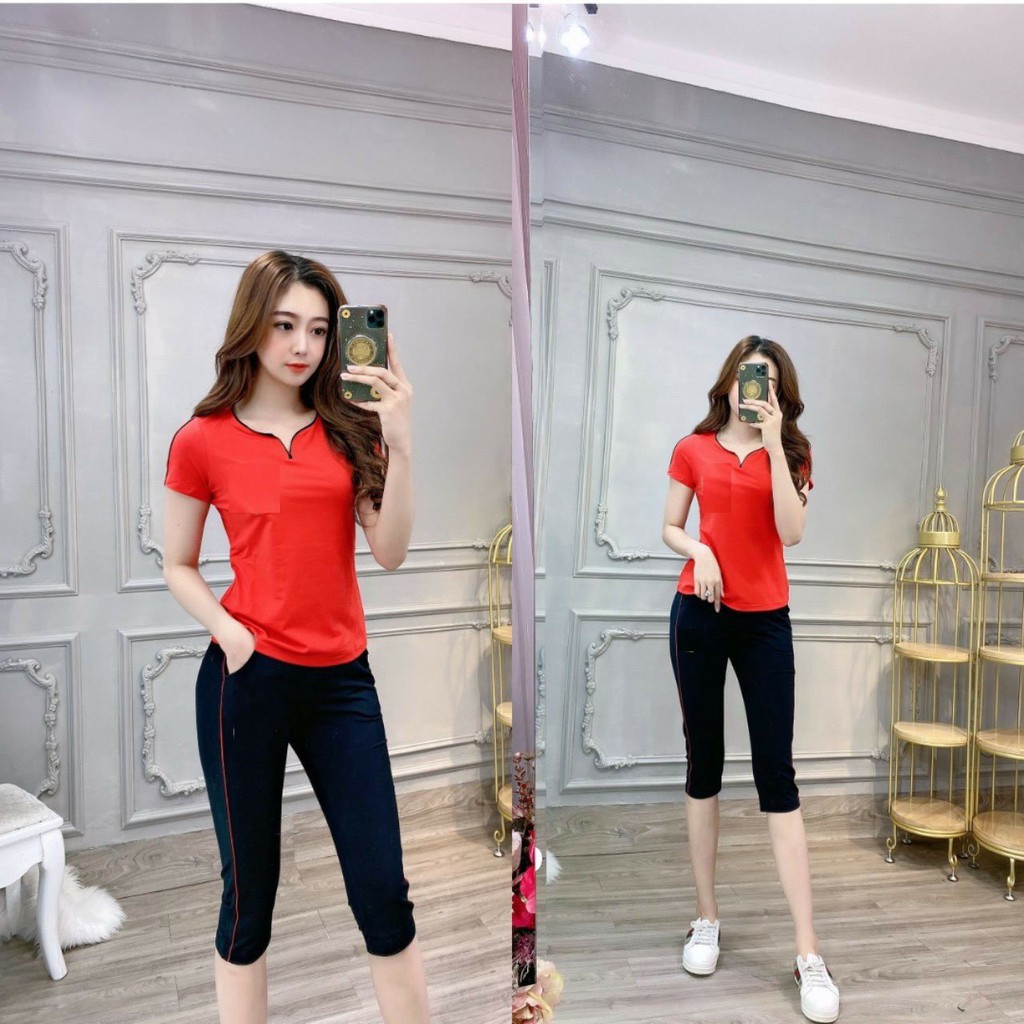 Set đồ bộ quần lửng phối áo màu thêu logo, chất liệu thun cotton loại 1 cực xinh size 45-65kg