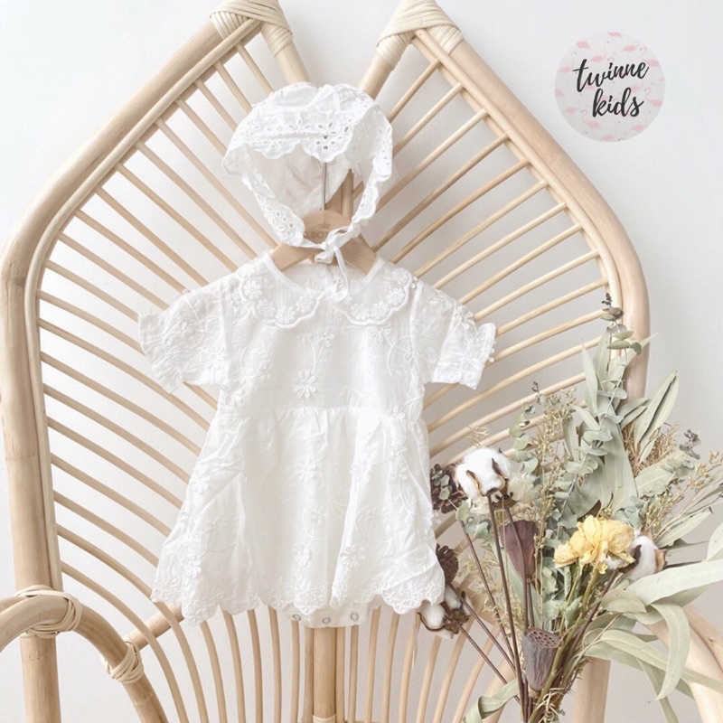 [Angela Baby] Váy liền thân màu trắng kèm mũ, váy romper sơ sinh chất liệu cotton xô mềm mại bé gái 3-24 tháng