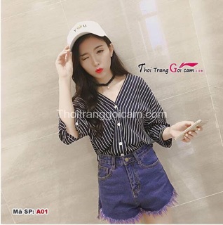 Sơ mi sọc cổ V kèm ảnh thật