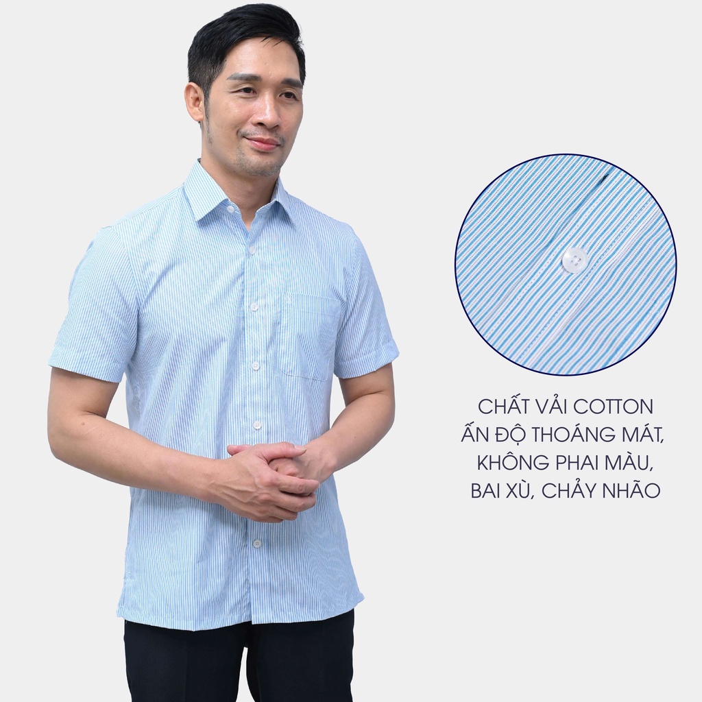 Áo Sơ Mi Nam Ngắn Tay Trung Niên ANCHI Cotton Ấn Độ Cao Cấp Hoạ Tiết Sọc Xanh