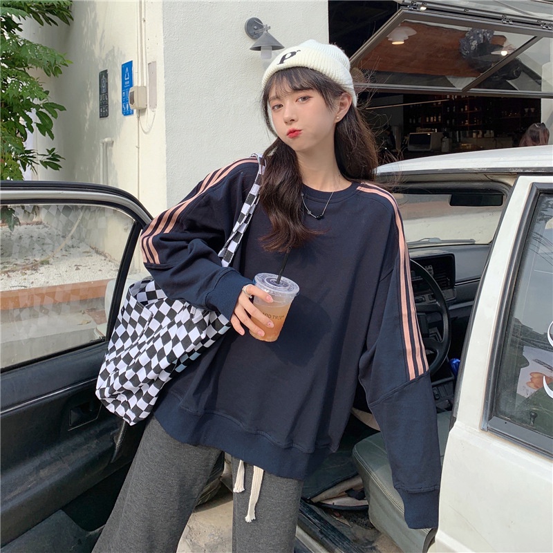 IELGY    Áo Sweater Mỏng Tay Dài Dáng Rộng Kẻ Sọc Xinh Xắn Cho Nữ