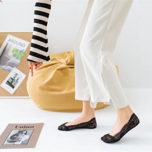 Set 5 Đôi Tất Thuyền Vô Hình Vải Cotton Phối Ren Thoáng Khí Thời Trang Cho Phụ Nữ