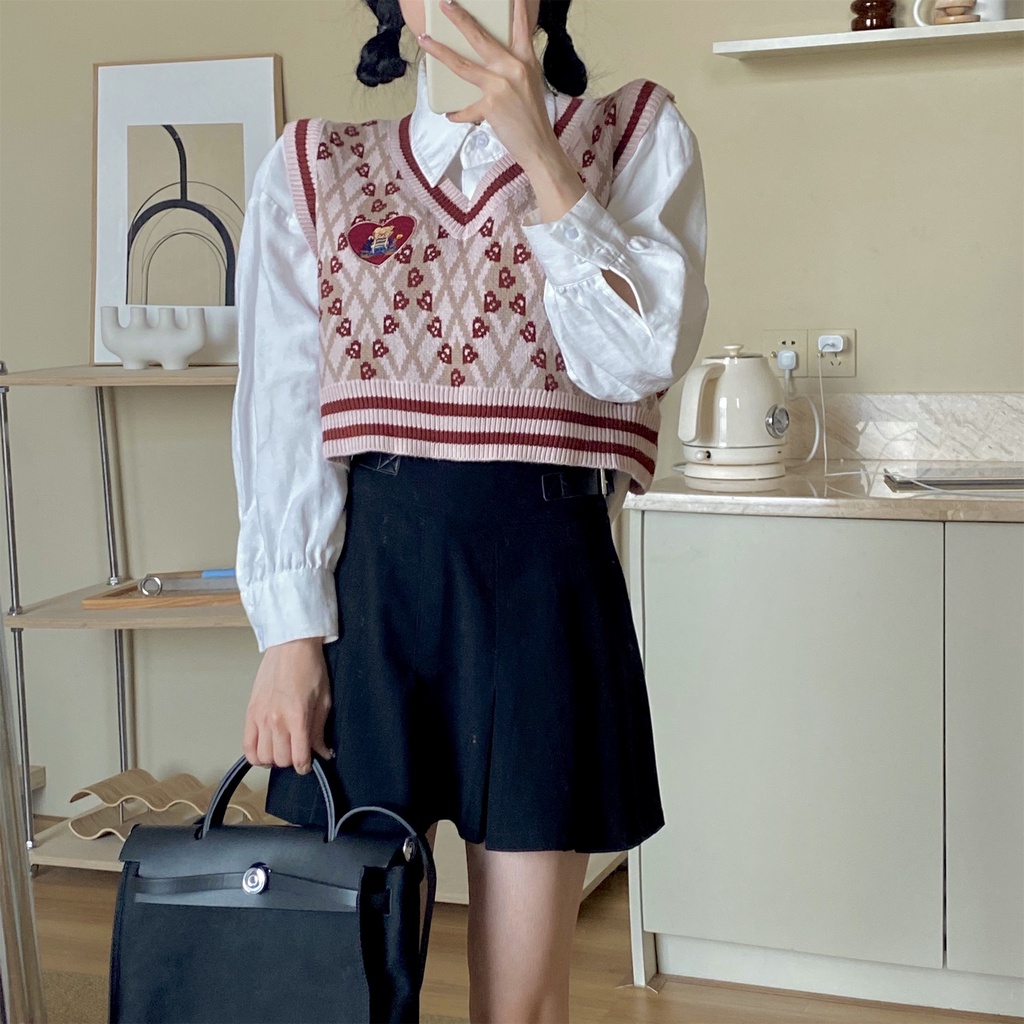 Áo len không tay cổ chữ V thêu hình gấu xinh xắn dễ thương phong cách Hàn Quốc cho nữ