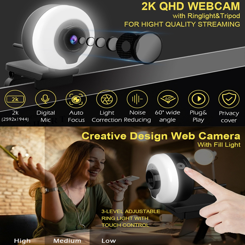Webcam 2K HD Có Vòng Đèn Led Tự Động Chỉnh Được Cho Máy Tính/laptop