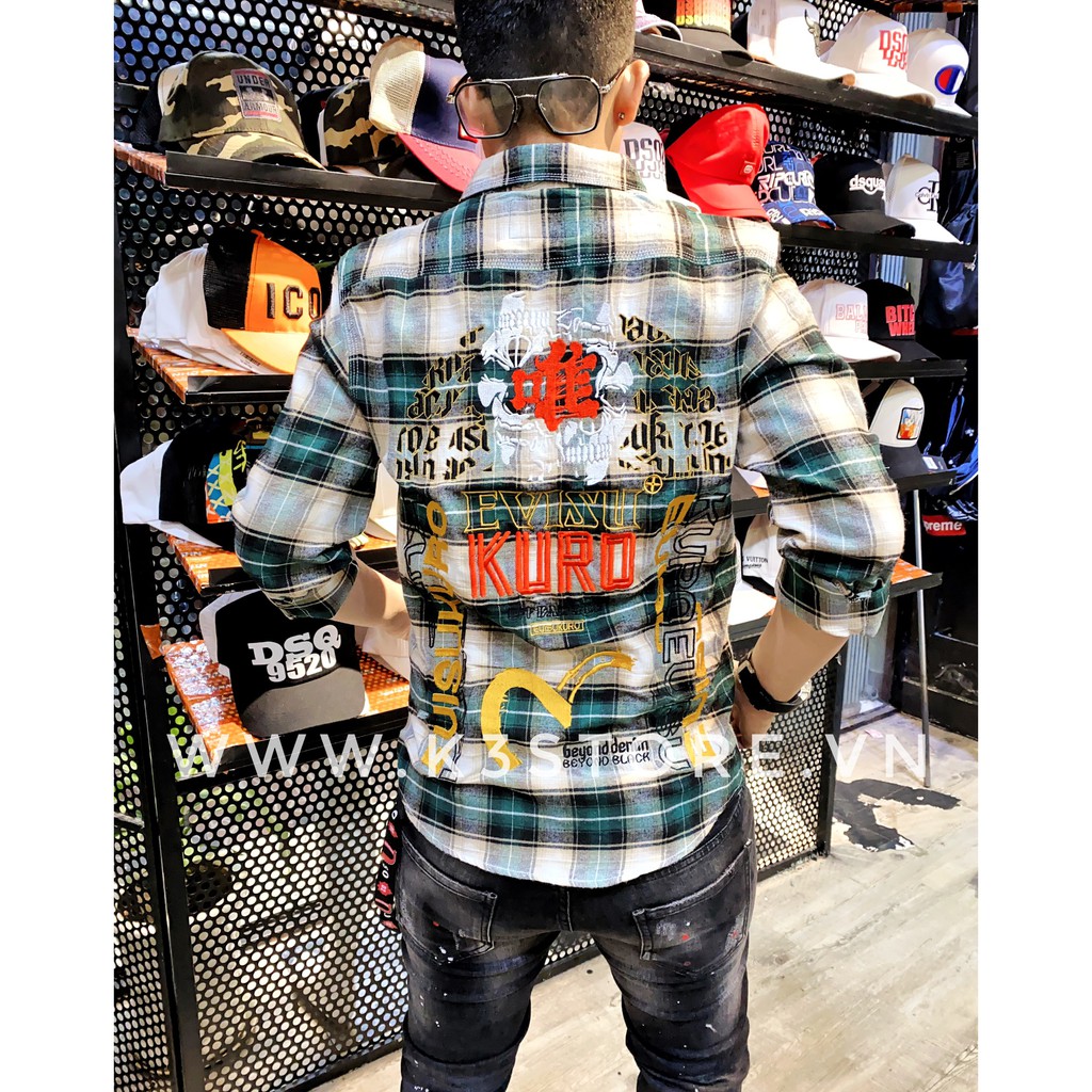 Áo sơ mi nam sọc caro evisu kuro raijin đẹp chất thêu chữ nổi hình to K3 STORE ( S2321 )