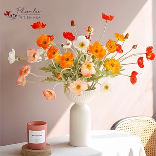 Hoa giả decor - Hoa anh túc 3 bông 1 nụ trang trí phòng để bàn Phanlee chất liệu lụa cao cấp thân phủ lông giống thật