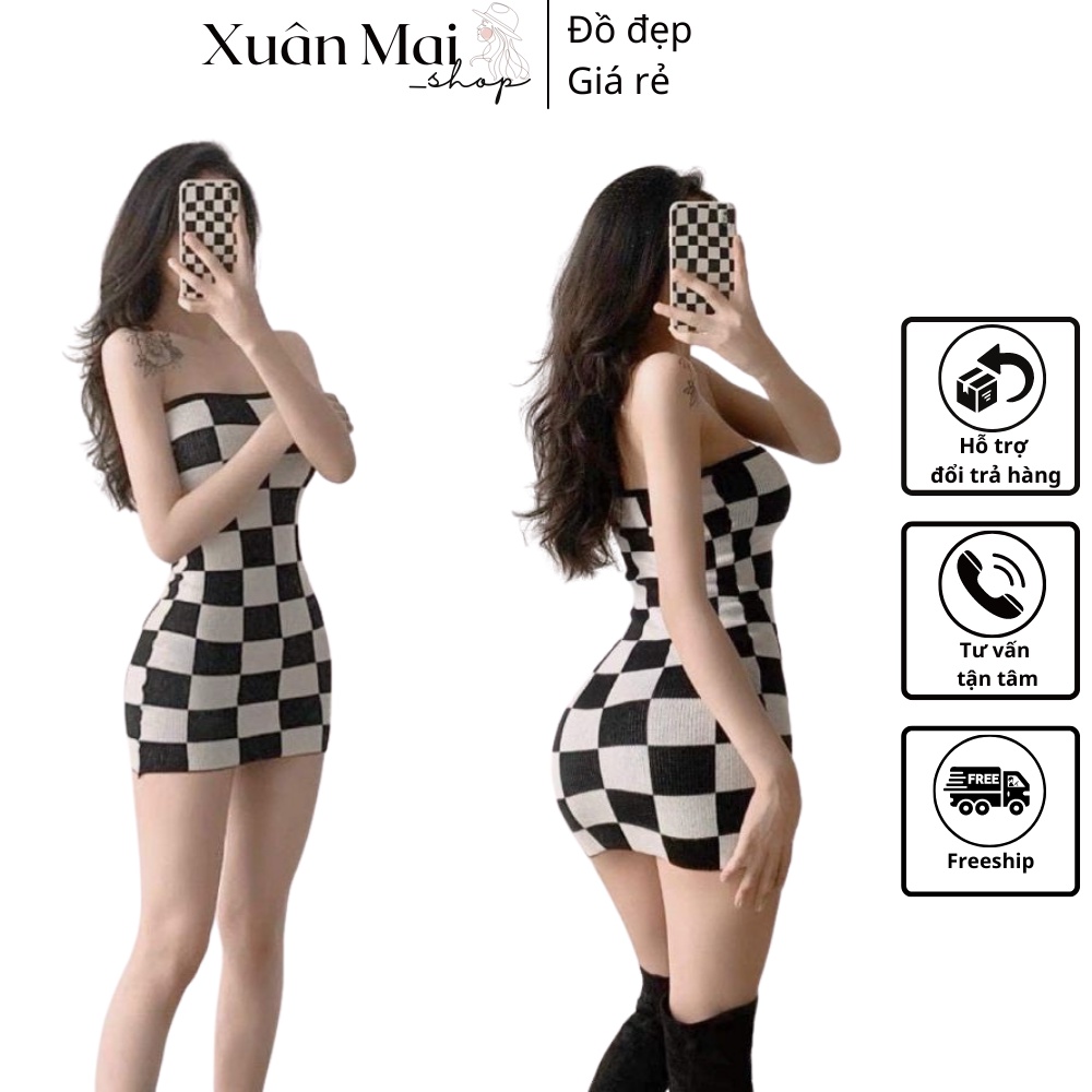 Đầm ống cúp ngực form ngắn ôm body nữ họa tiết caro (không mút ngực)