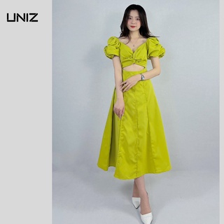 Váy xoắn ngực tay bồng suông dài .dáng thiết kế hở eo chất thô đũi Uniz 1402