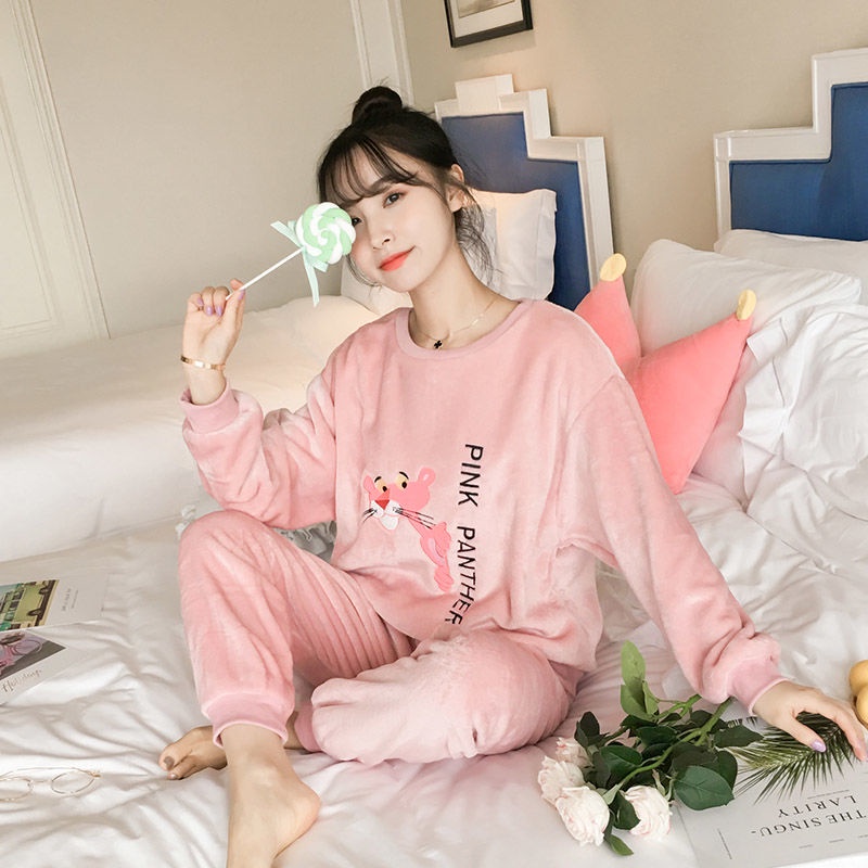 Bộ đồ ngủ vải nỉ dày dặn dáng rộng phong cách Hàn Quốc thời trang thu đông nữ tính thanh lịch